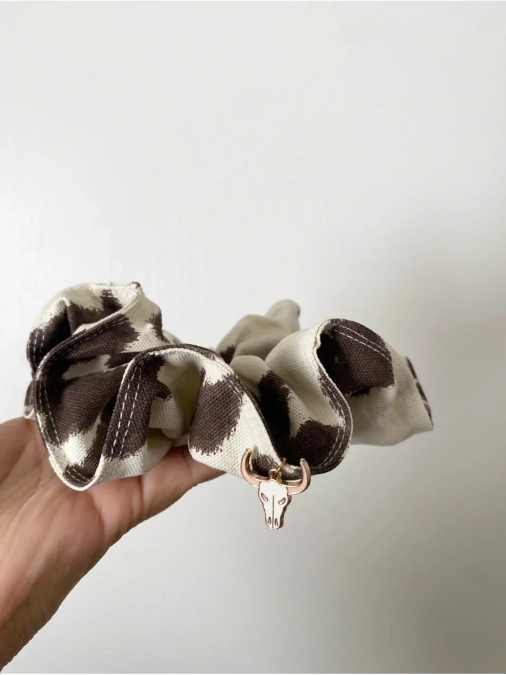 Cream & Brown Cow cotton canvas XL Scrunchie with Bull Charm